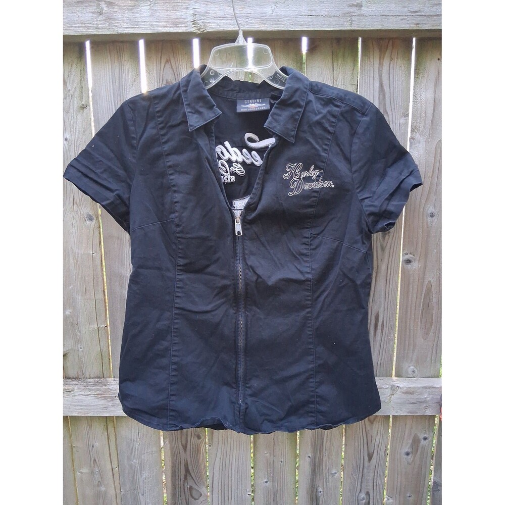 078 Harley Davidson Denim Black Zip-Up Women's Top Embroidered Medium 2019